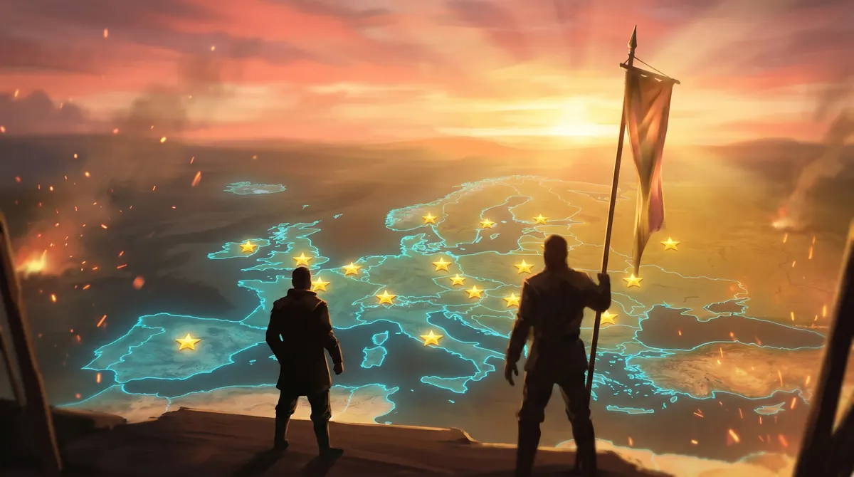 allies and alibis: two figures above a glowing map at sunrise, one holding a banner