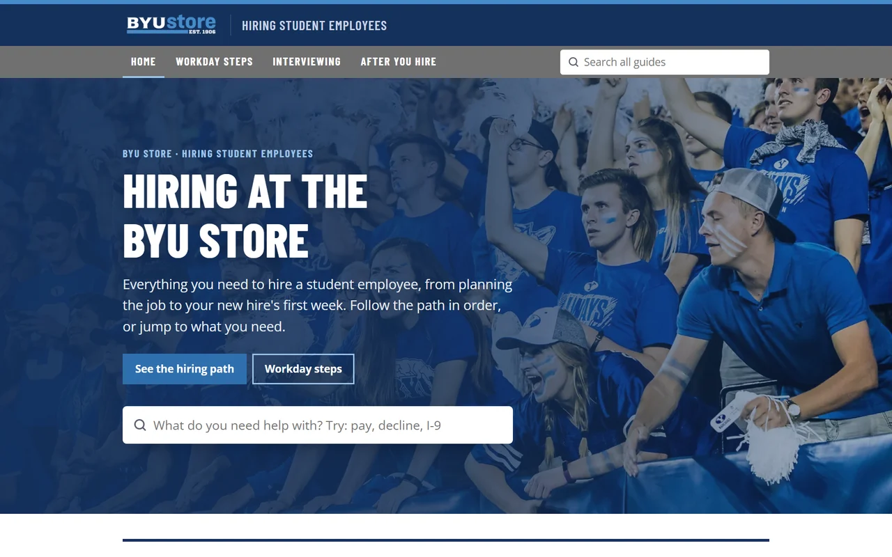 the byu store hiring site: a banner of students in blue gear above a search box