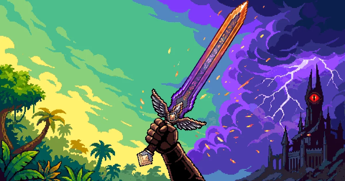 the quest for promptcalibur: a glowing sword raised against a stormy castle
