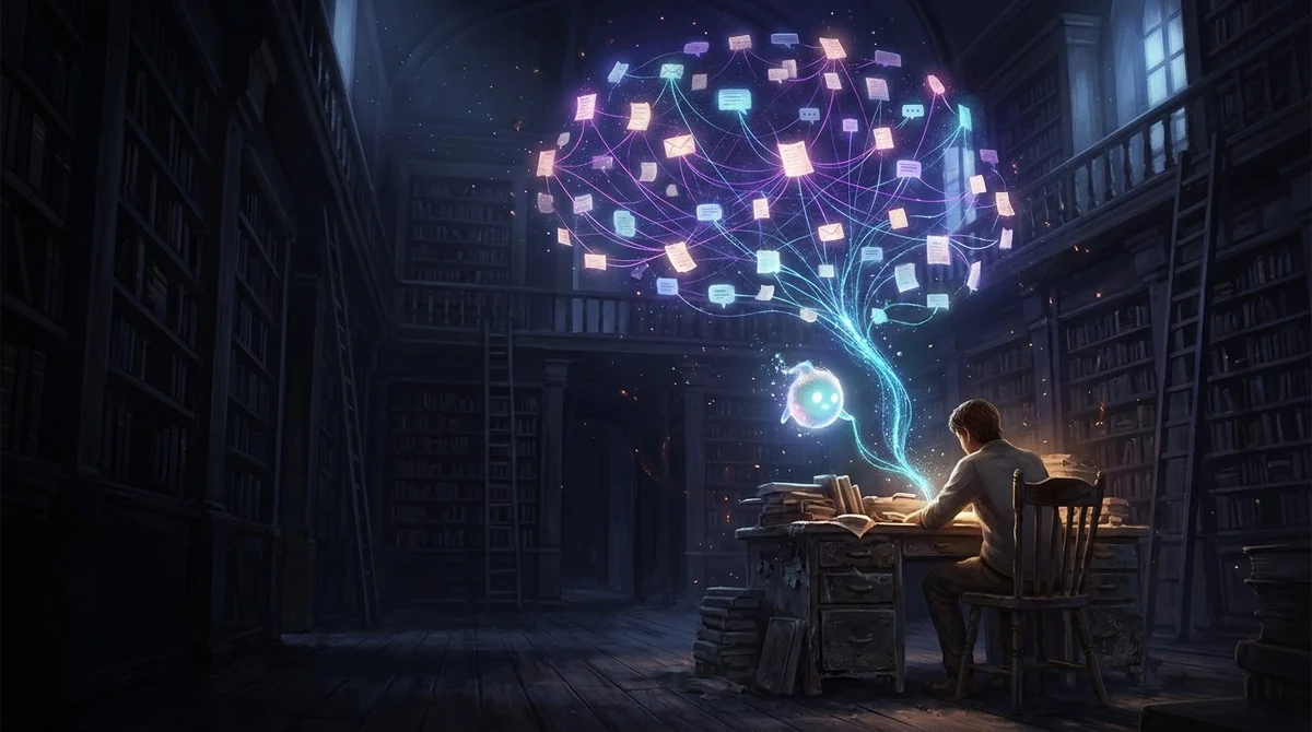 second brain: a person at a desk in a dark library at night while glowing notes, emails and chat bubbles link into a brain-shaped web above, and a small glowing ai companion pulls one thread down to the desk